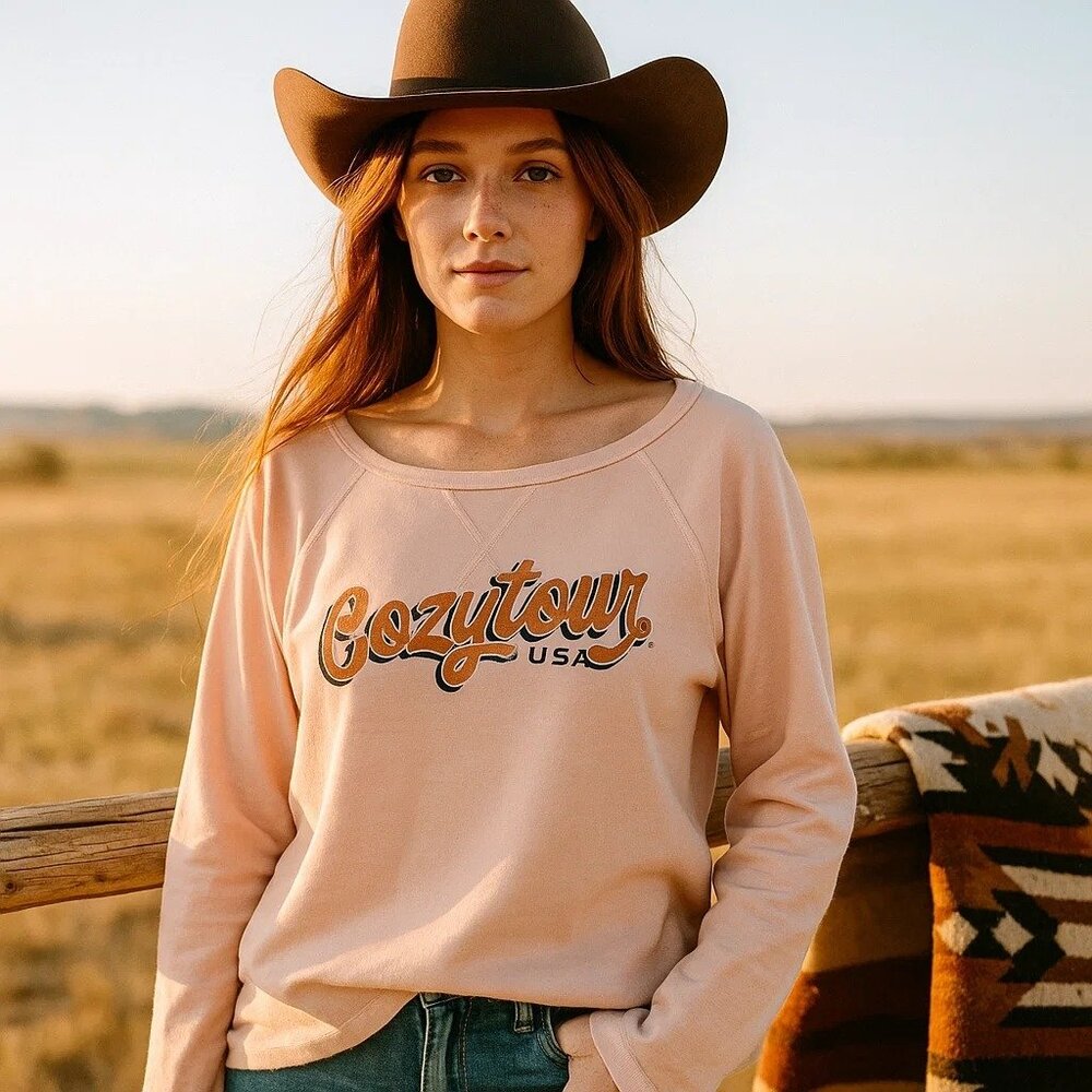 Idyllwind Boot Barn Cozy Town USA Bell Sleeve Pink and Orange Lounge Shirt Large